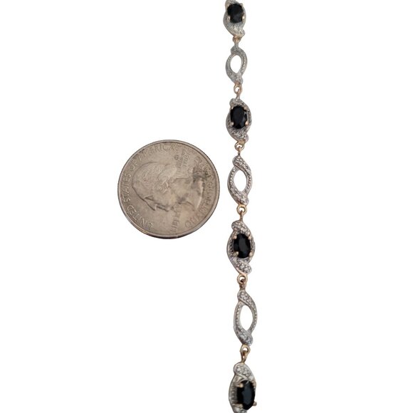 Sterling Silver 925 Gold Black Lucite Cab Rhinestone Bracelet, 7.25" Long M974 - Picture 2 of 5